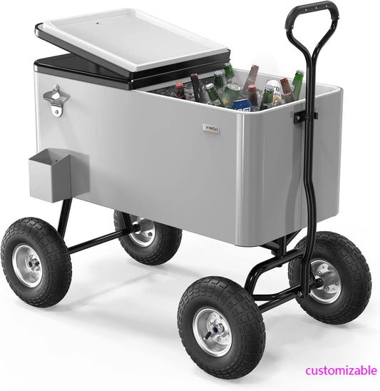 80 Quart Wagon Rolling Ice Chest w/Long Handle and 10" Wheels
