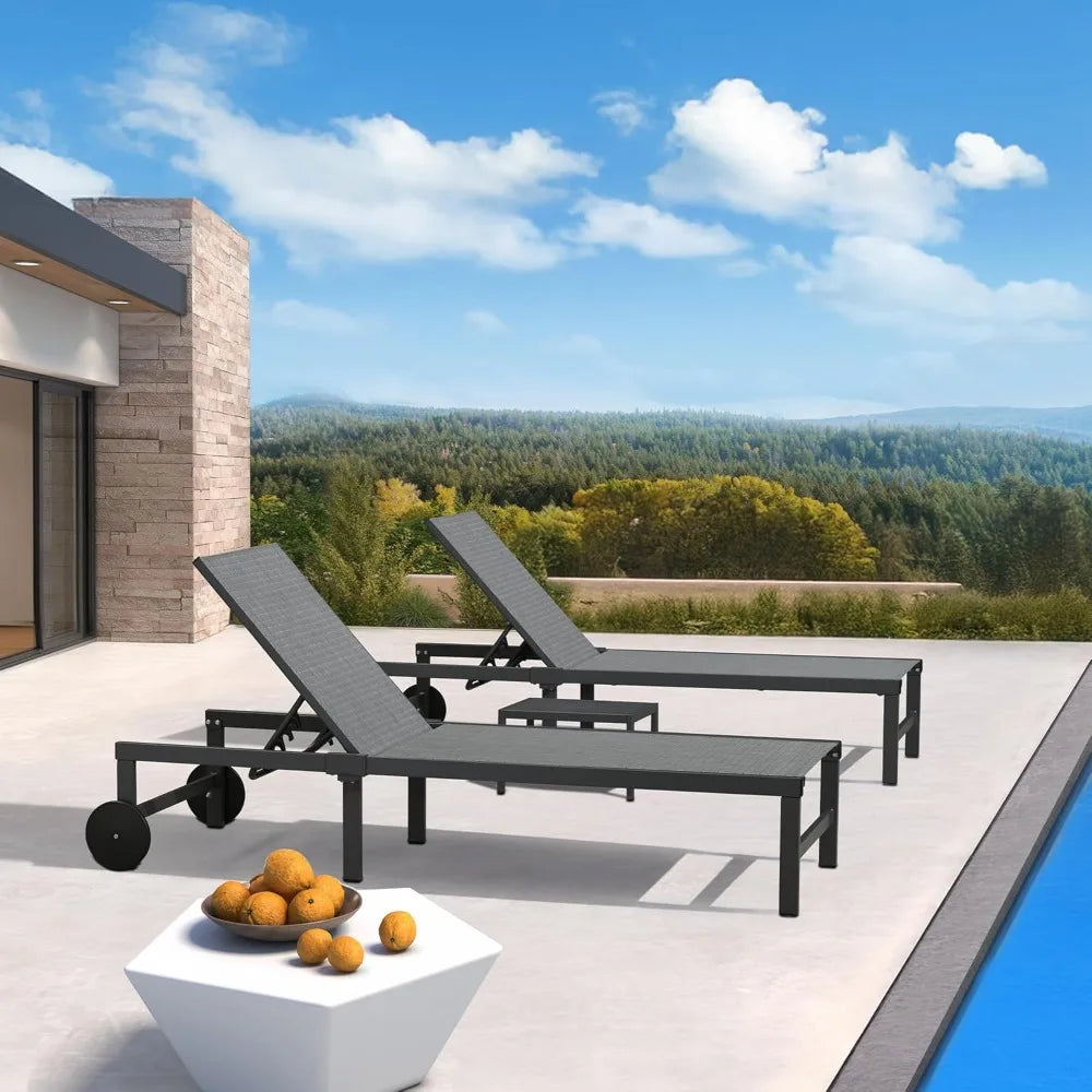Chaise Lounge Chairs Set, Adjustable Recliner Chair with Wheels and Table