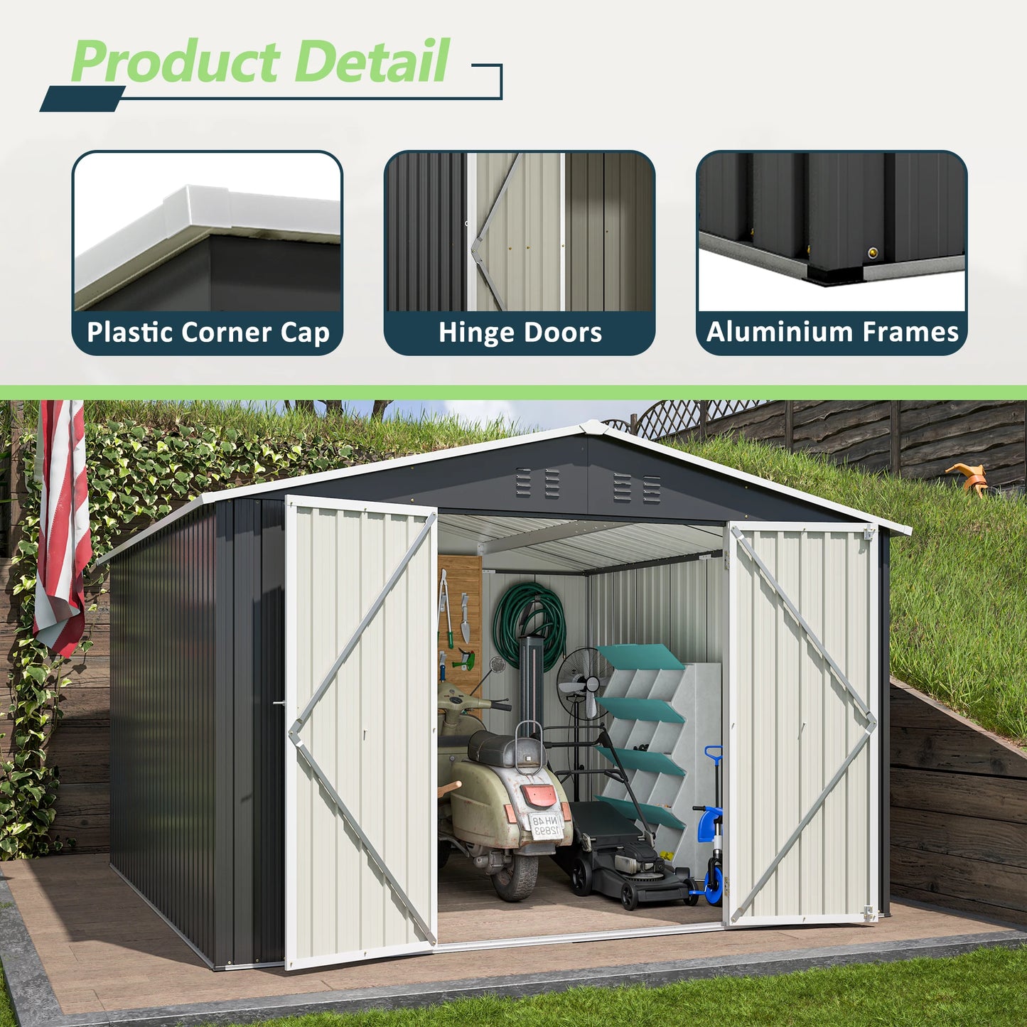 Outdoor Metal Storage Shed 10x10 FT with Lockable Doors