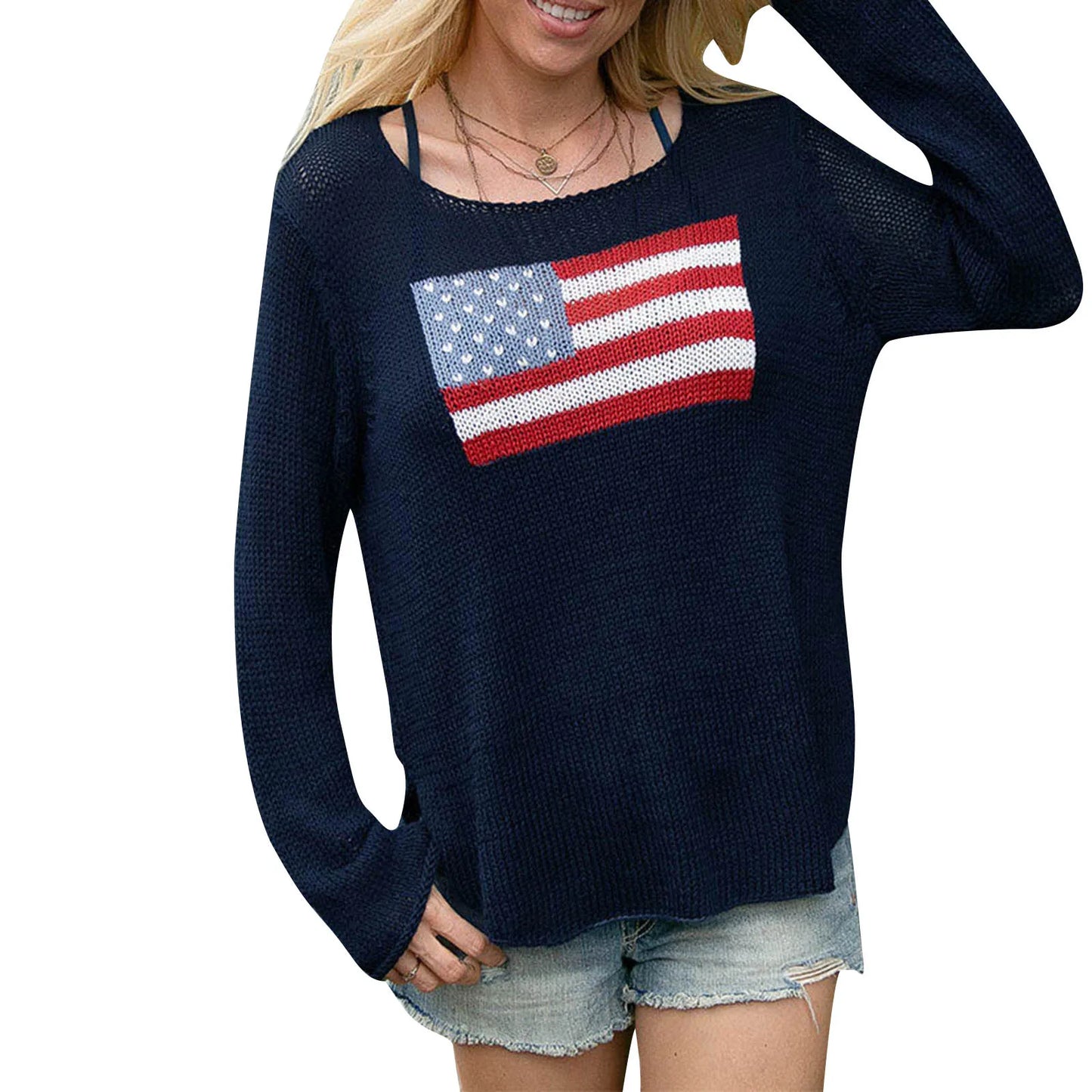 Women's Long Sleeve Knit Sweater, Crewneck, Flag Print, Loose Fitting Knitwear