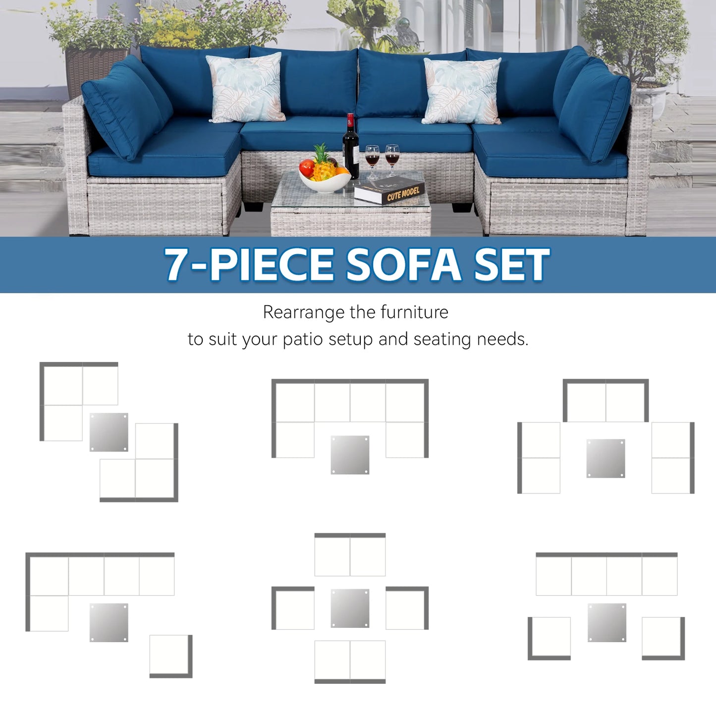 Outdoor Patio Furniture, 7 Piece Sectional Sofa, PE Rattan & Wicker with Thick Cushions