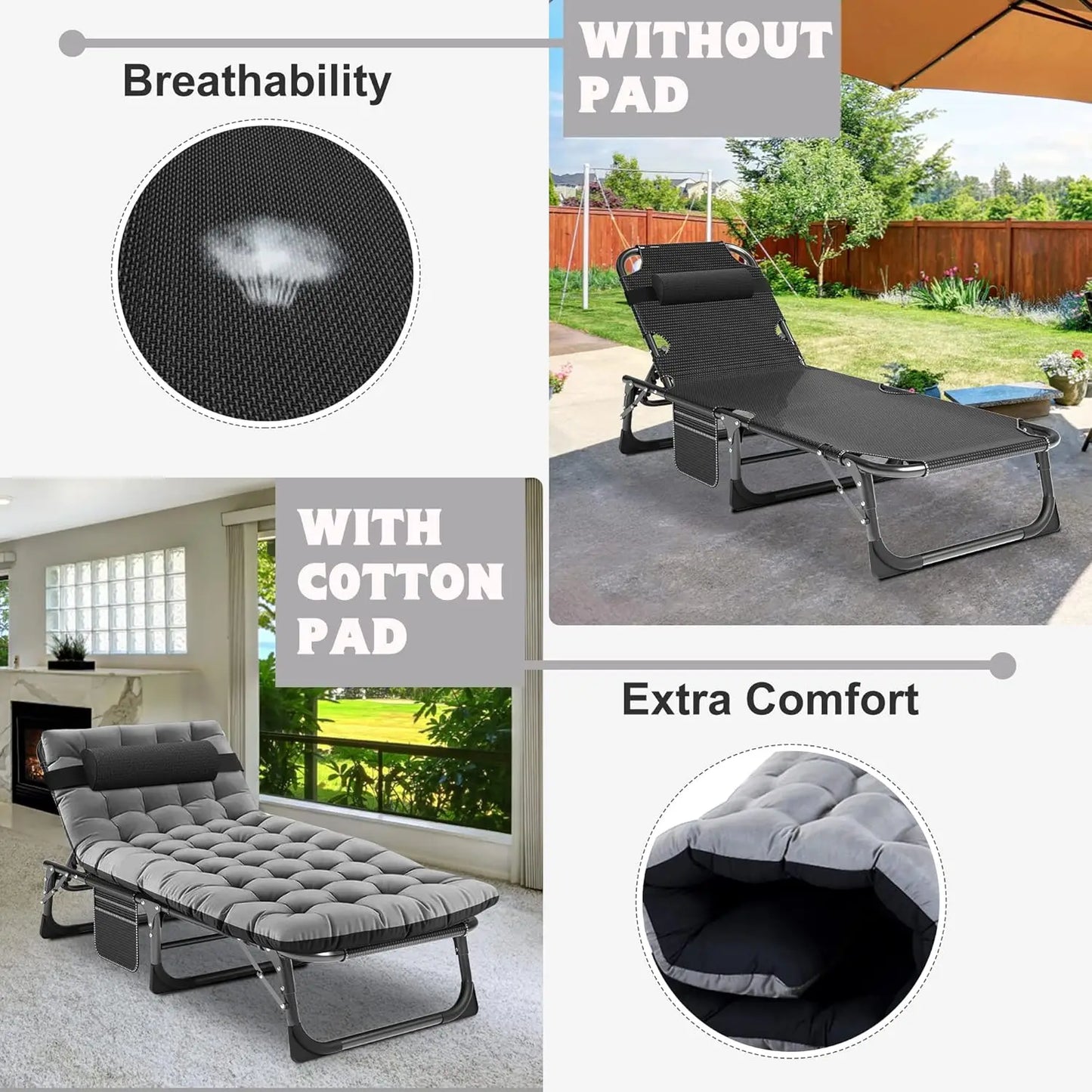 Heavy Duty Portable Padded Lounge Chair, 5 Positions