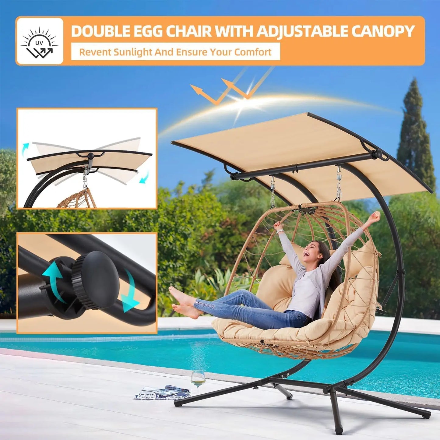 Oversized Cushioned Double Egg Swing Chair /  Hammock  with Adjustable Canopy