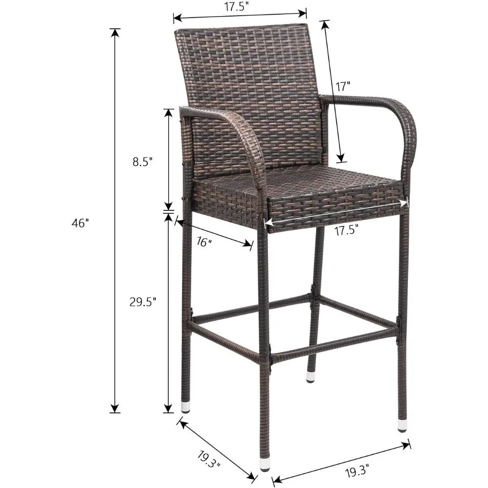 Wicker Patio Bar Stools with Footrest and Armrest