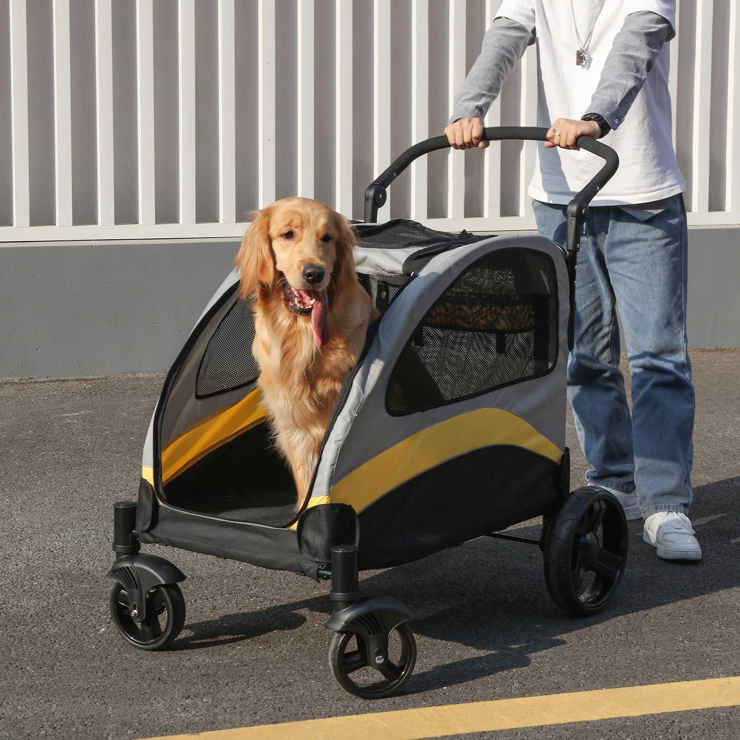 Dog Stroller Ultra-large 4 Wheels, Foldable, Load Up To 121 lbs