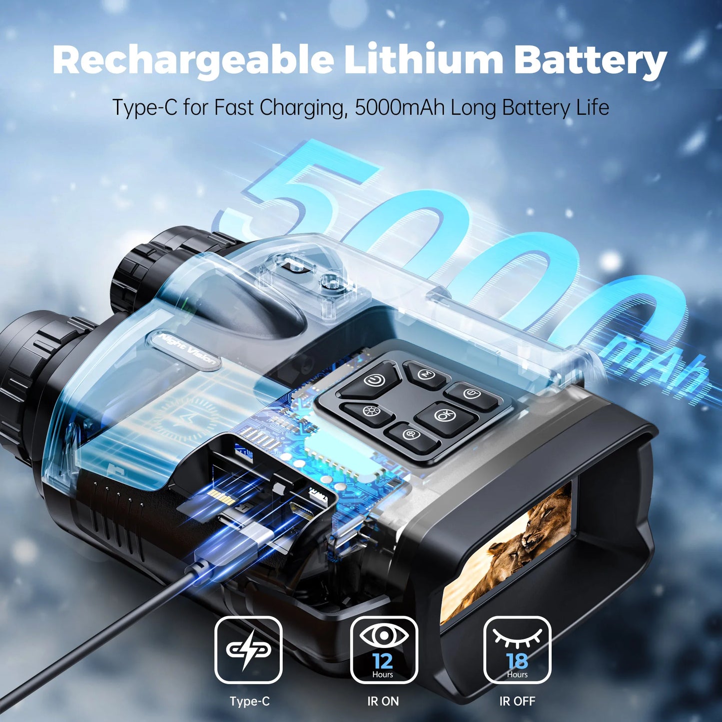 4K Infrared Night Vision Binoculars, 3 inch Screen, 8X Digital Zoom With Tactical Light, 5000mAh Rechargeable