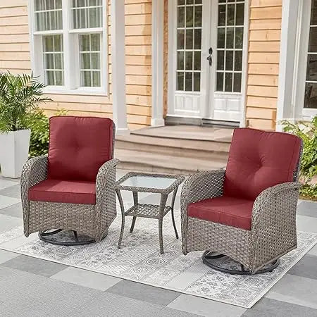 Set of 2  Patio Wicker Swivel Rockers with Rattan Side Table with Glass