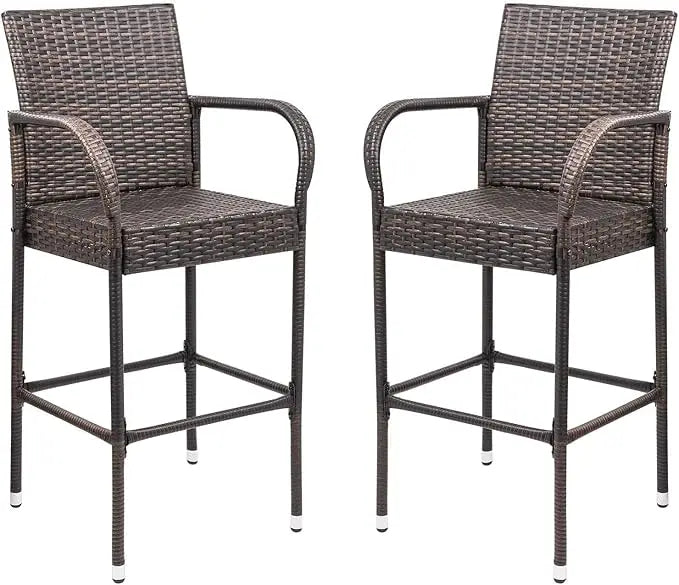 Wicker Patio Bar Stools with Footrest and Armrest