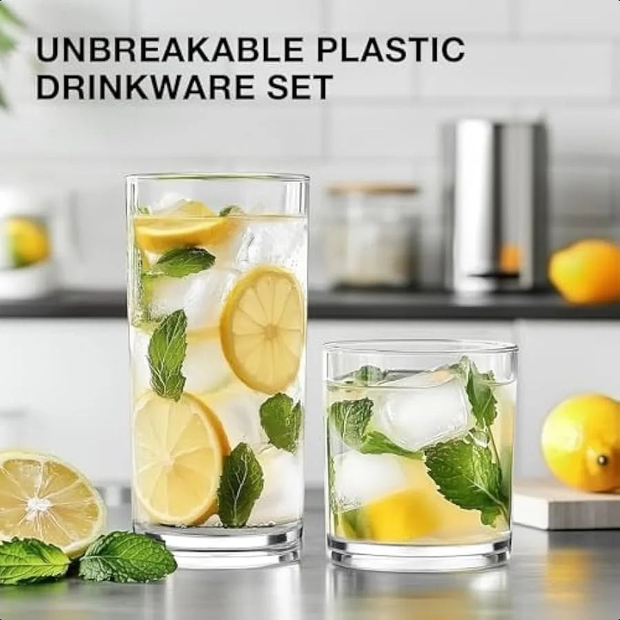 Unbreakable Plastic Drinking Glasses, Set of 8 - 14 oz Rocks and 20 oz Water Cups