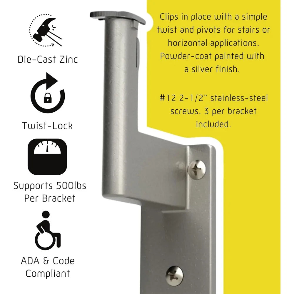 9ft ADA Handrail Kit - Complete Indoor/Outdoor Handrail for Stairs - 1.6" Round Anodized Aluminum Railing