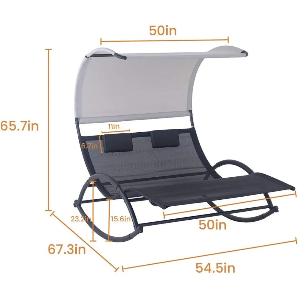 Outdoor Double Rocking  Chaise Lounge Chair with Sun Shade & Wheels