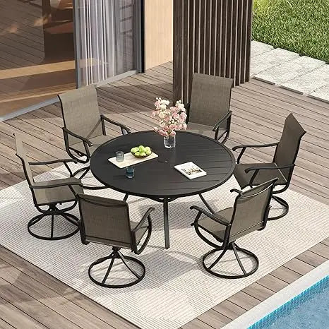 Patio Dining Set for 6, 7 Pieces Includes 53" Round Patio Table with Umbrella Hole and 6 Outdoor Swivel Chairs