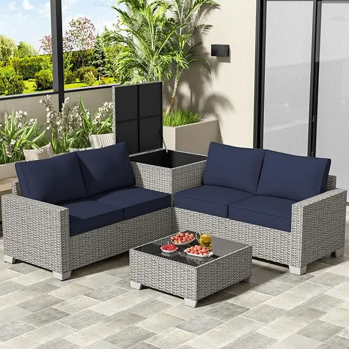 4 Piece Patio Furniture Set with Storage Box, PE Rattan, Tempered Glass