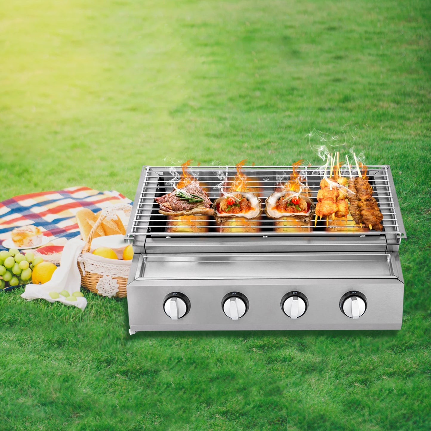 Stainless Steel Smokeless Barbecue Grill, 4 Burners, LPG Gas
