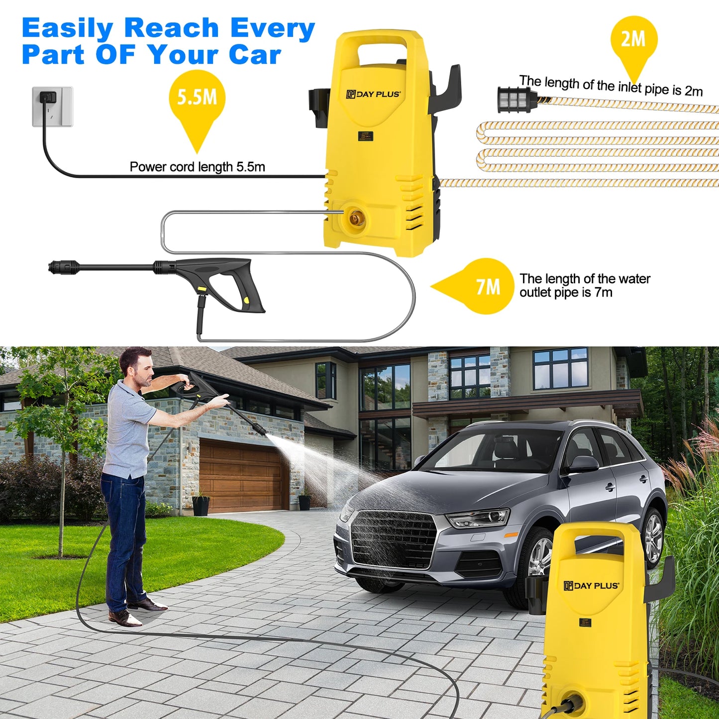 1800W 1.6GPM Electric High Pressure Washer with 3-in-1 Nozzle, Adjustable Spray Gun for Garden/Driveway/Deck Cleaning and More