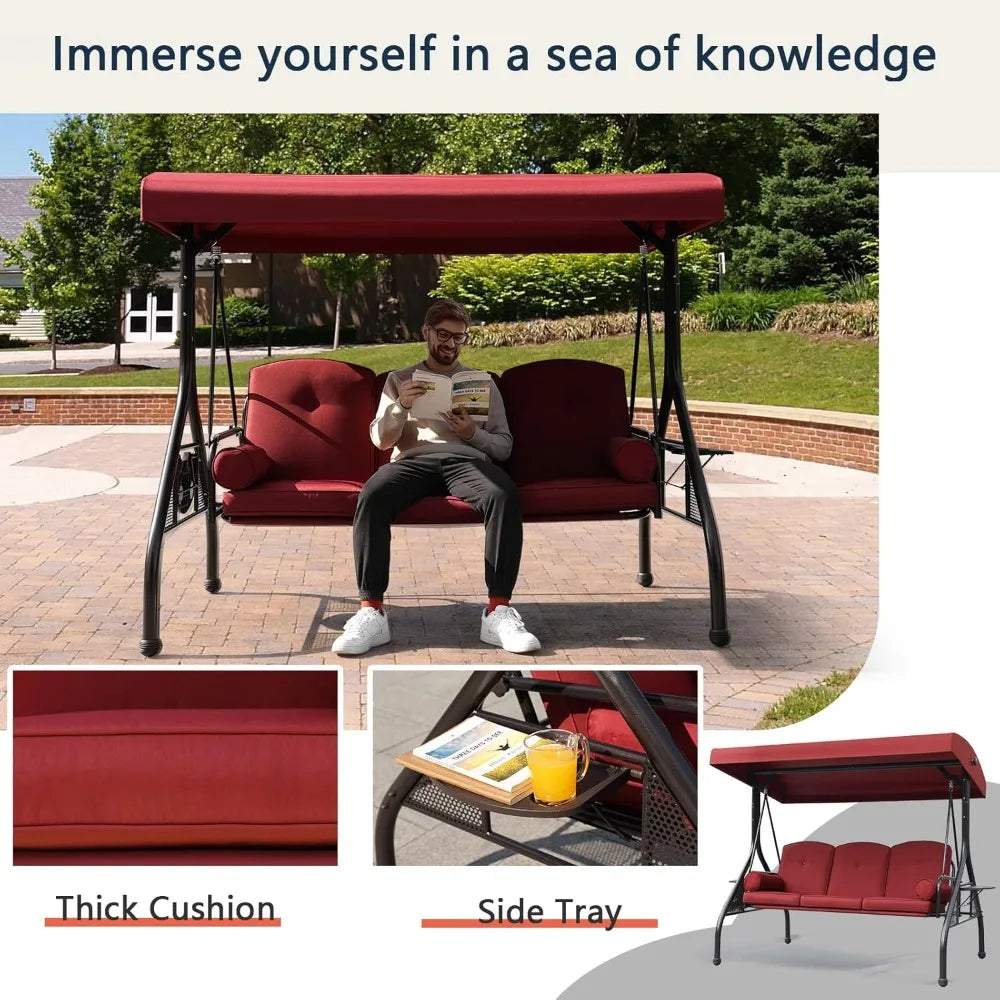 3-Seat Outdoor Patio Porch Swing with Adjustable and Removable Canopy, Waterproof Fabric, Cushion Pillow And Foldable Side Tray