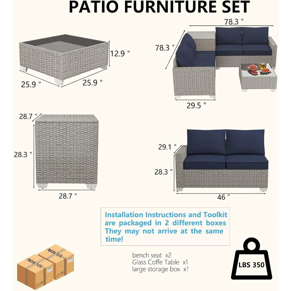 4 Piece Patio Furniture Set with Storage Box, PE Rattan, Tempered Glass