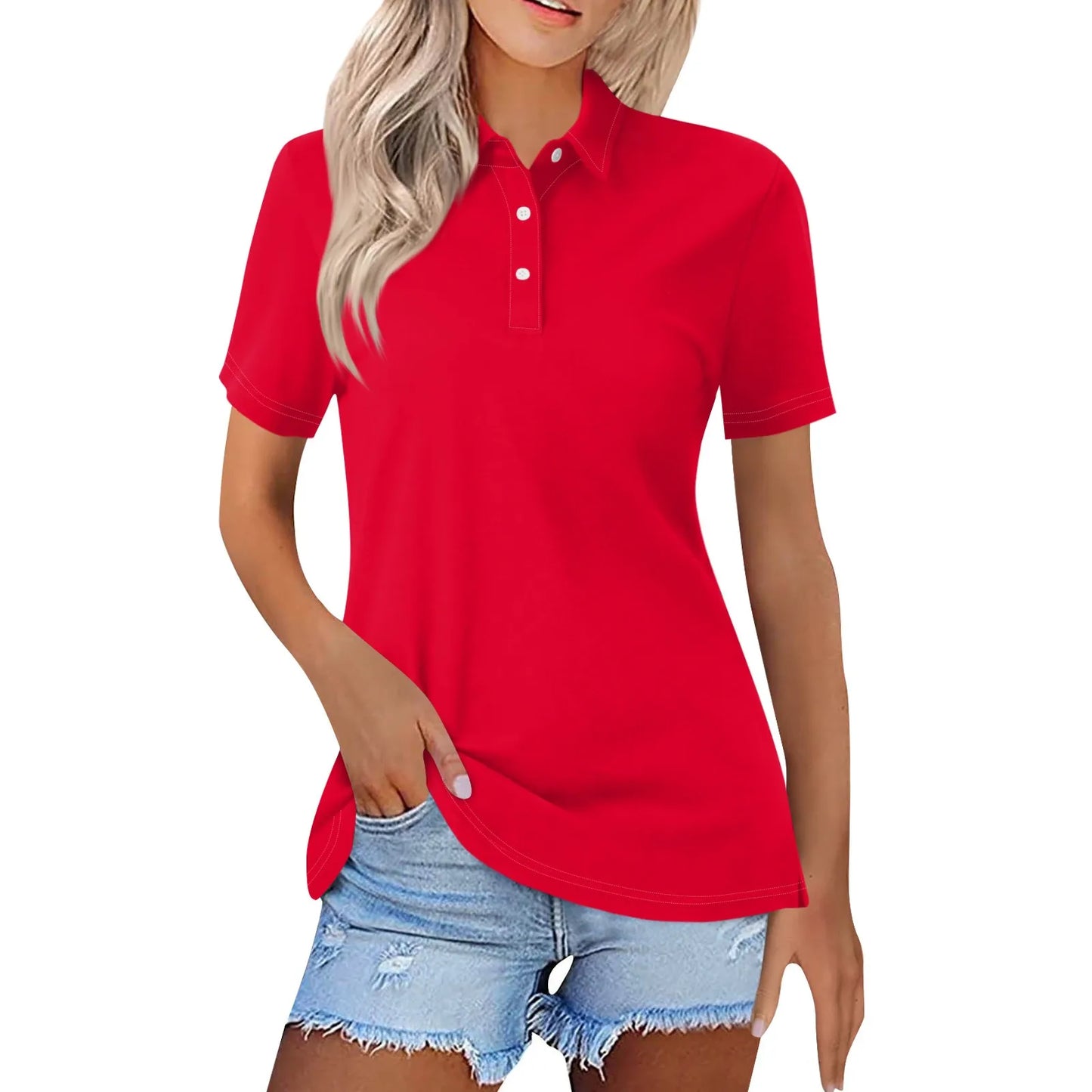 Women's casual button short-sleeve polo shirt, solid color