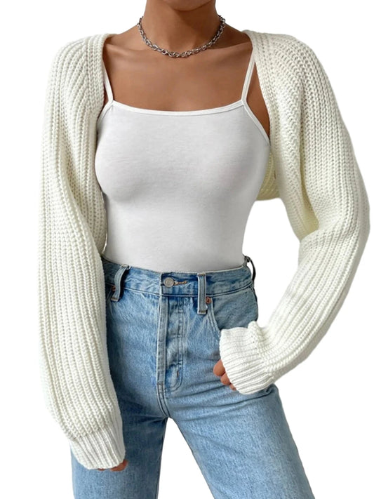Women's Open Front Cropped Cardigan, Long Sleeve, Solid Color, Ribbed Knit Shrug Sweater Bolero Tops