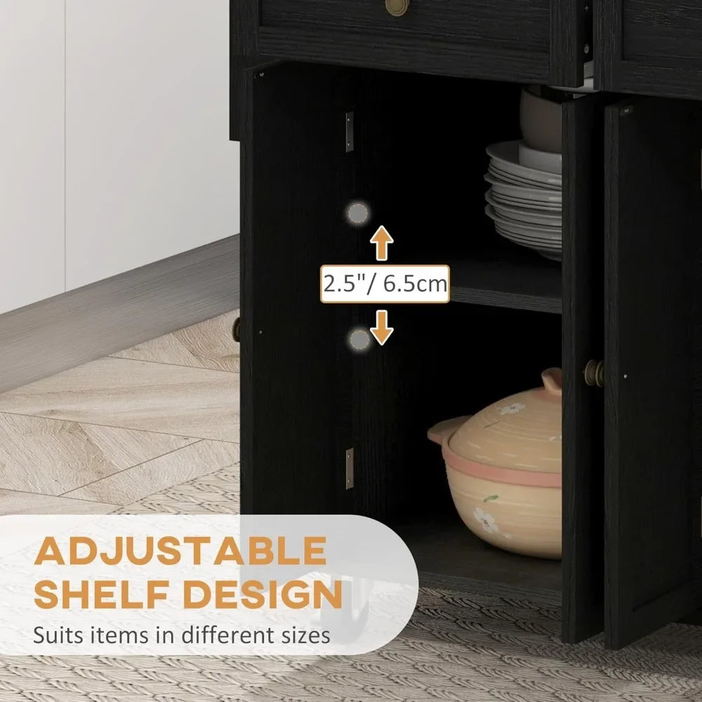 Rolling Kitchen Island with Rubberwood Top, Spice Rack, Towel Rack and Drawers for Dining Room