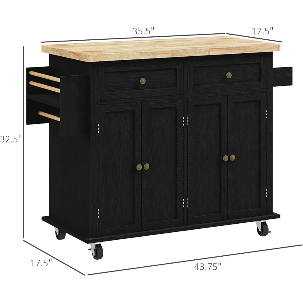 Rolling Kitchen Island with Rubberwood Top, Spice Rack, Towel Rack and Drawers for Dining Room