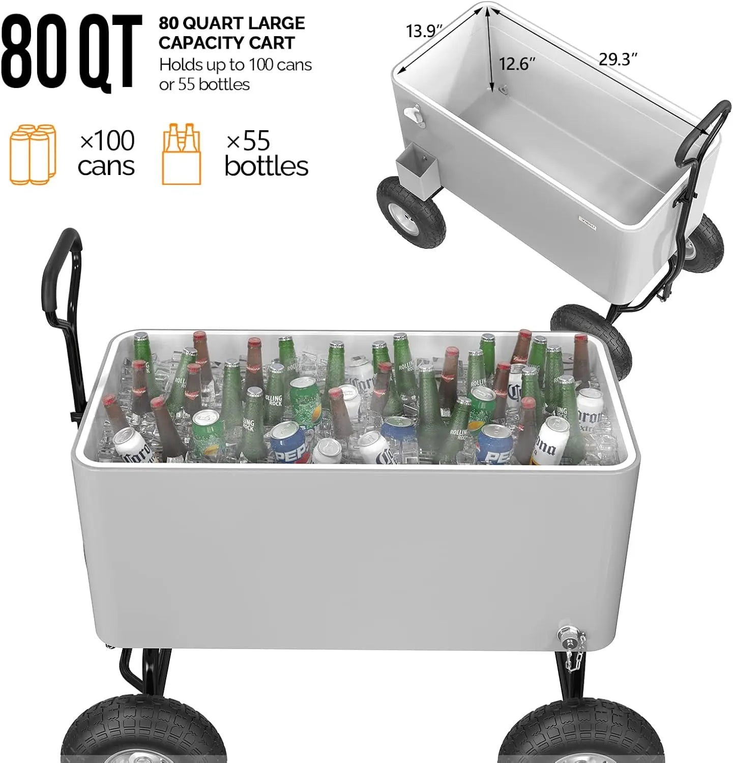 80 Quart Wagon Rolling Ice Chest w/Long Handle and 10" Wheels