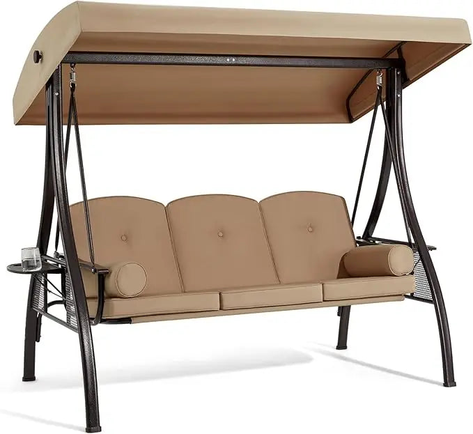 3 Person Outdoor Swing with 1.5" Deep Cup Holder, Adjustable Canopy, Backrest Can be Laid Flat to Make a Bed