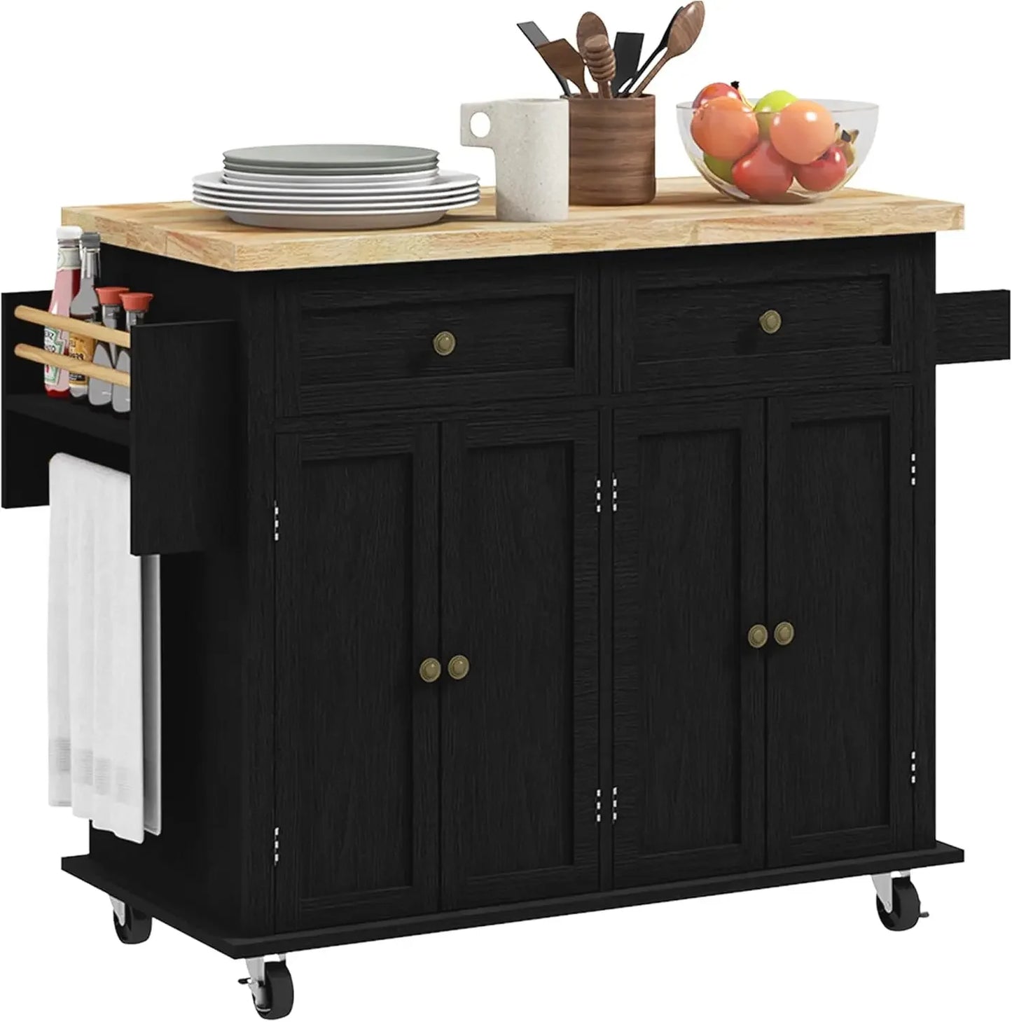 Rolling Kitchen Island with Rubberwood Top, Spice Rack, Towel Rack and Drawers for Dining Room