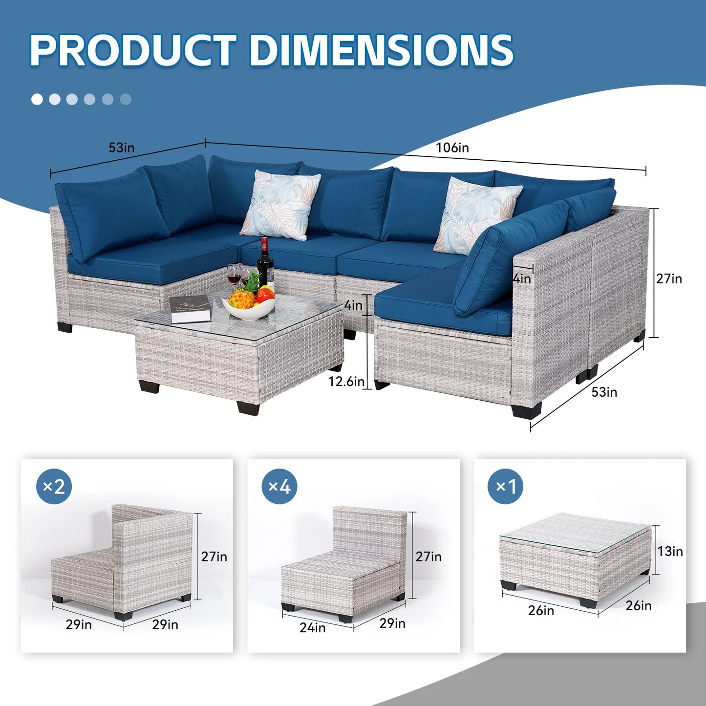 Outdoor Patio Furniture, 7 Piece Sectional Sofa, PE Rattan & Wicker with Thick Cushions