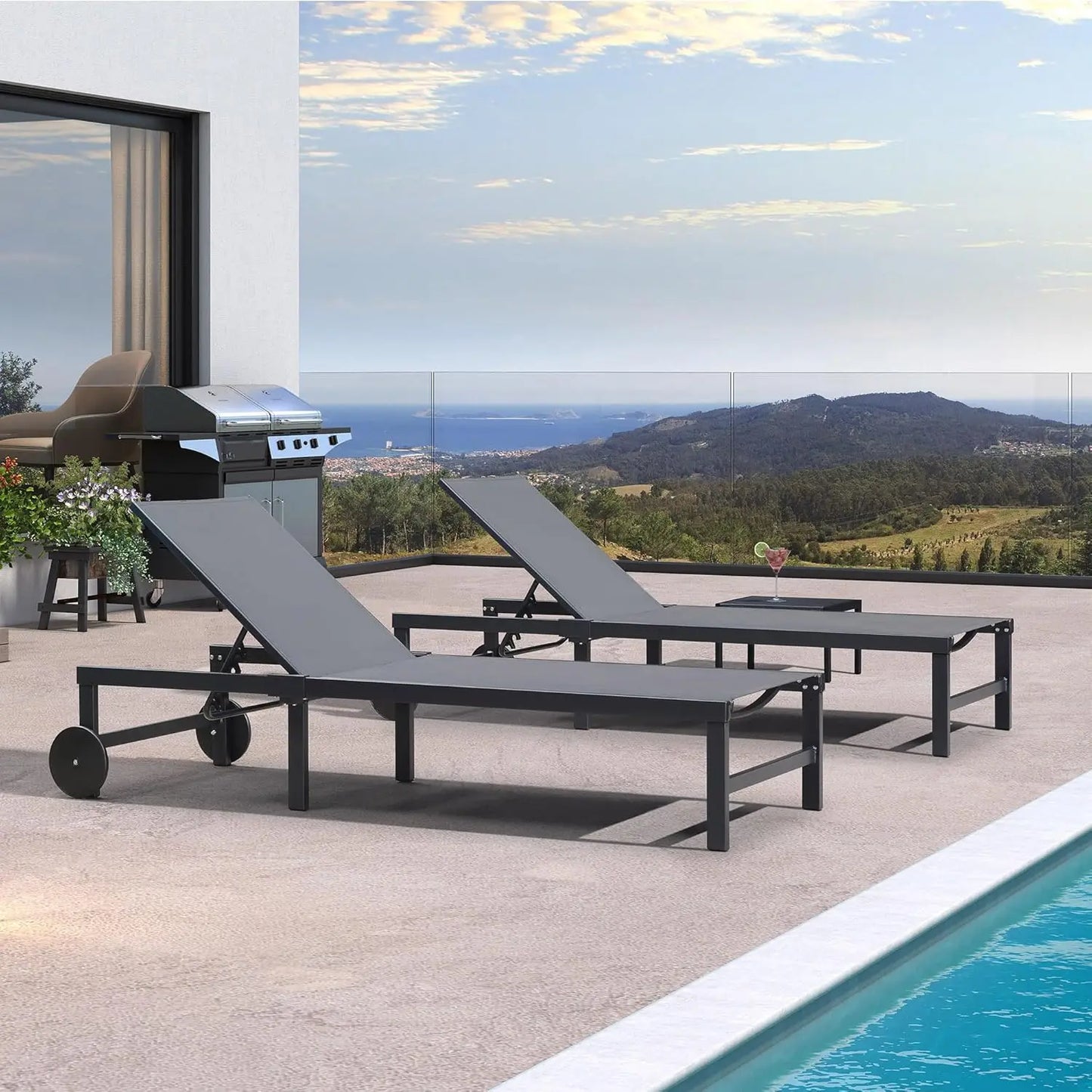 Chaise Lounge Chairs Set, Adjustable Recliner Chair with Wheels and Table