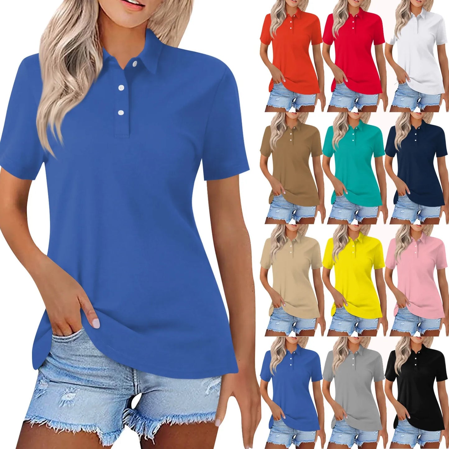 Women's casual button short-sleeve polo shirt, solid color