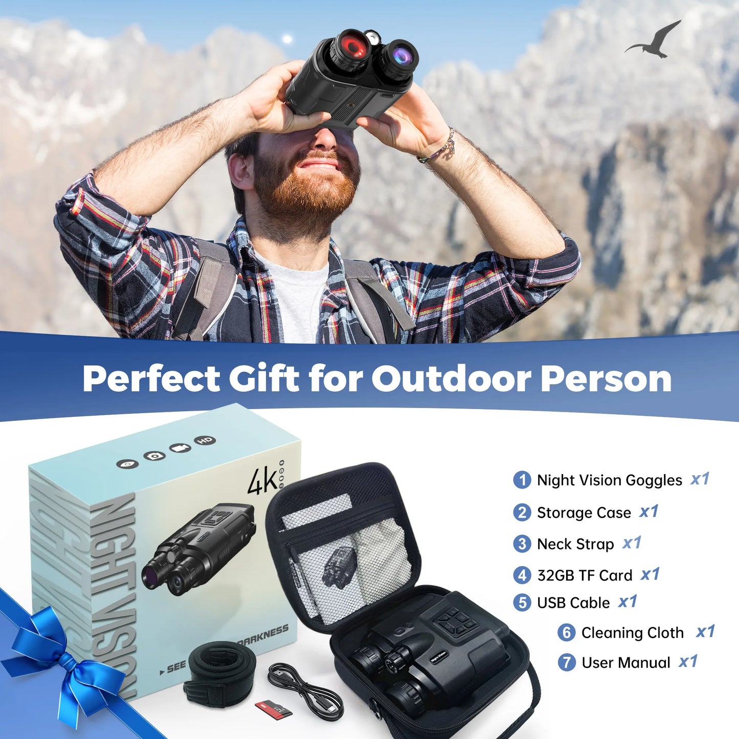 4K Infrared Night Vision Binoculars, 3 inch Screen, 8X Digital Zoom With Tactical Light, 5000mAh Rechargeable