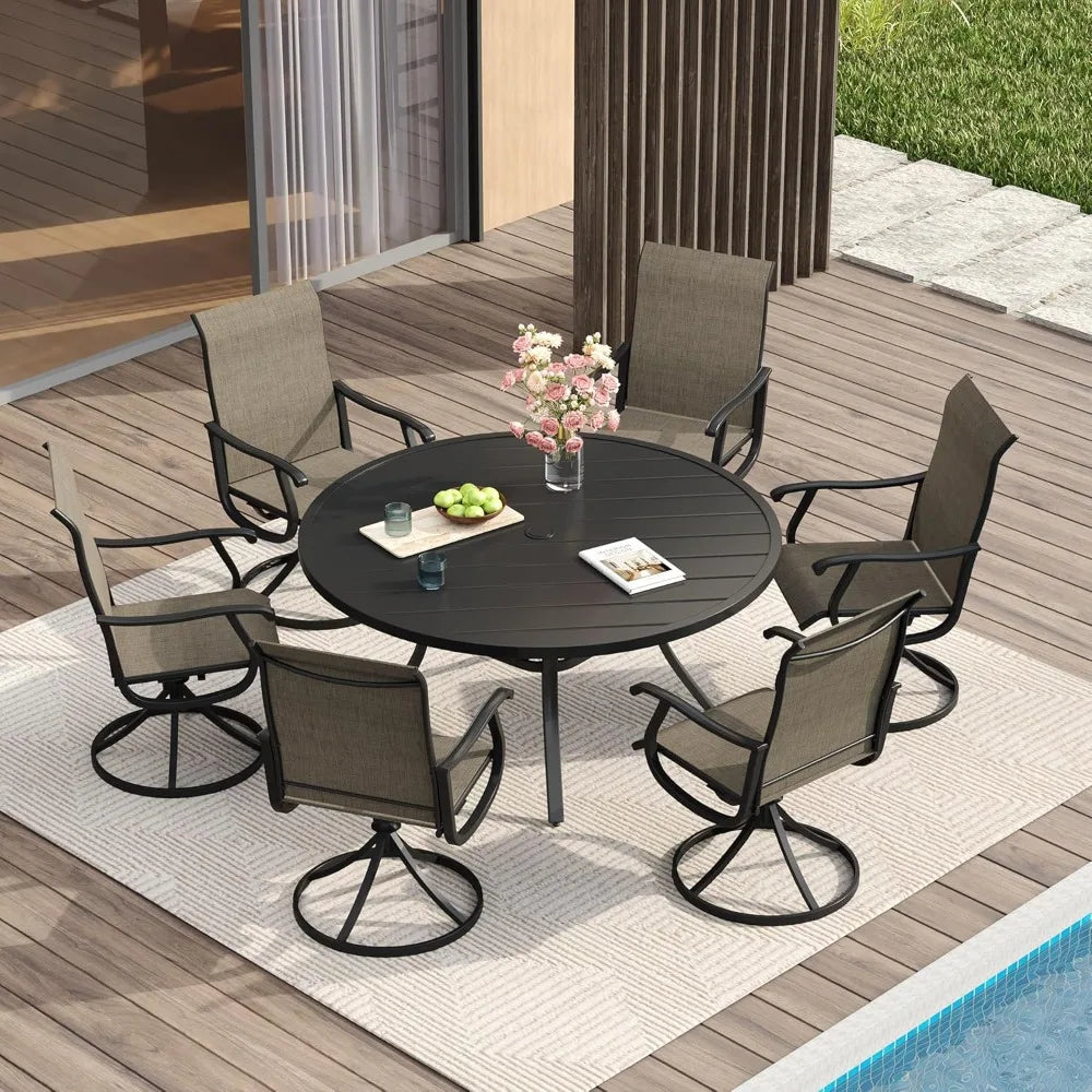 Patio Dining Set for 6, 7 Pieces Includes 53" Round Patio Table with Umbrella Hole and 6 Outdoor Swivel Chairs