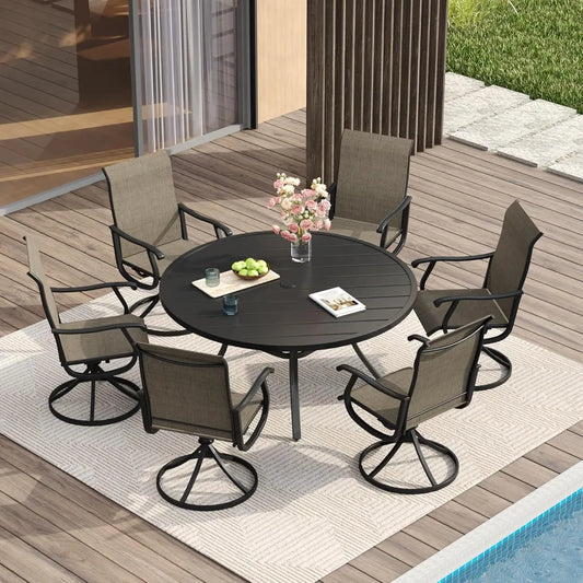 Patio Dining Set for 6, 7 Pieces Includes 53" Round Patio Table with Umbrella Hole and 6 Outdoor Swivel Chairs