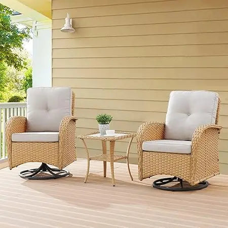 Set of 2  Patio Wicker Swivel Rockers with Rattan Side Table with Glass