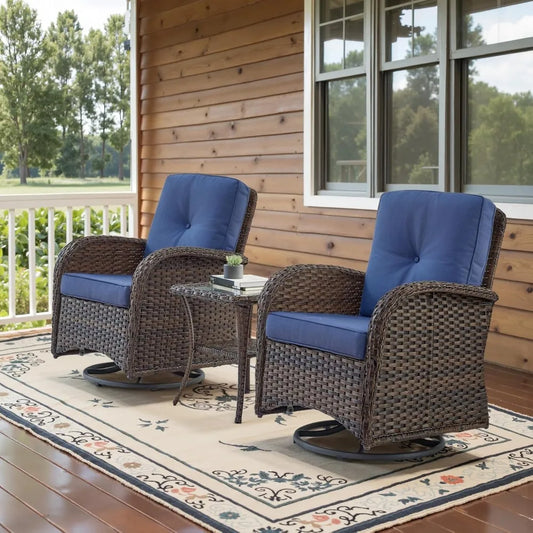 Set of 2  Patio Wicker Swivel Rockers with Rattan Side Table with Glass