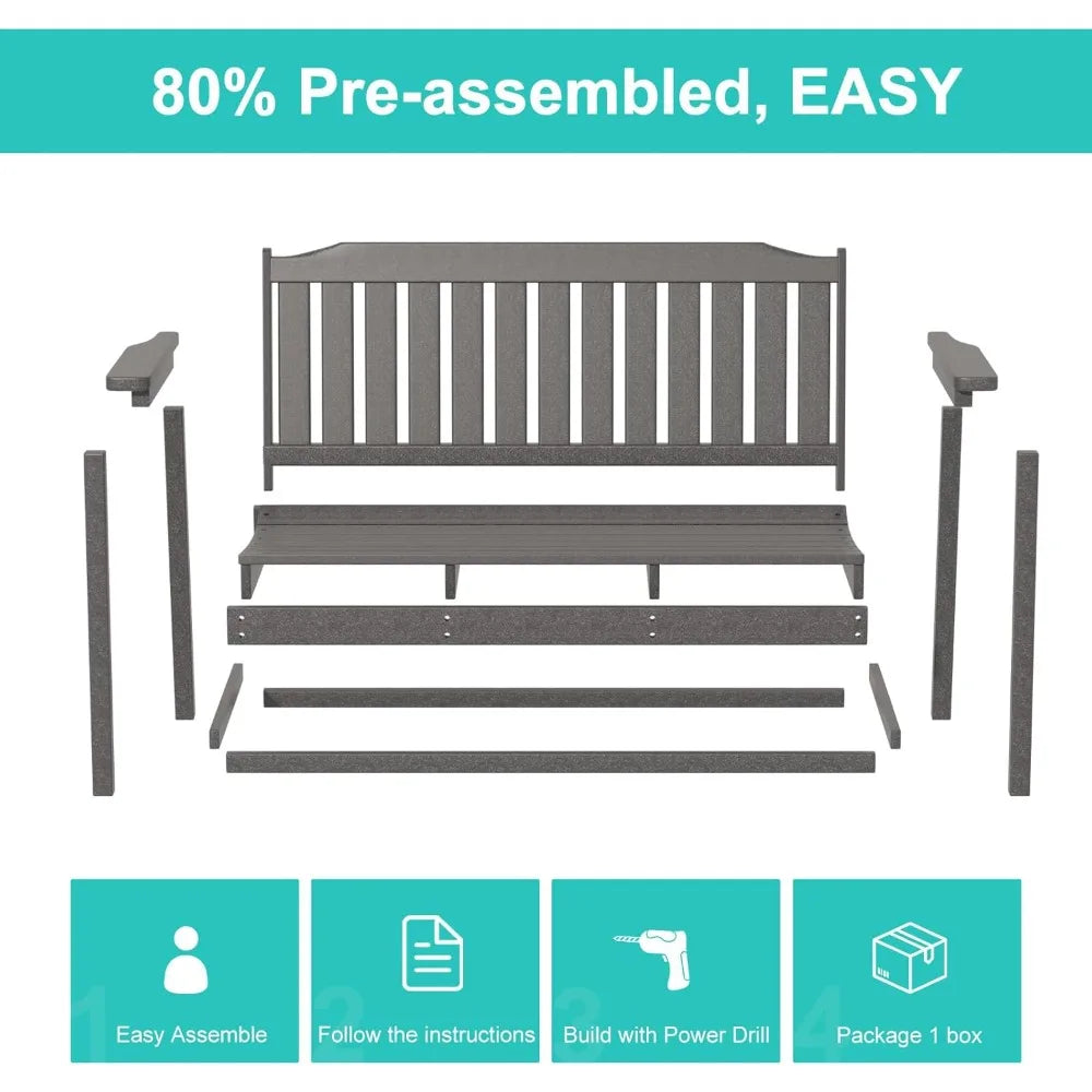 Popular Grey Outdoor Bench, All-Weather HDPE, Fade Resistant, 800 lbs Bearing