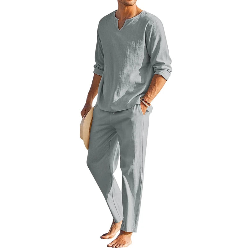 Men s Summer Cotton Linen Henley Shirt, Solid Color, Long Sleeve, Elastic Waist Drawstring Pants 2 Pieces Loungewear Set