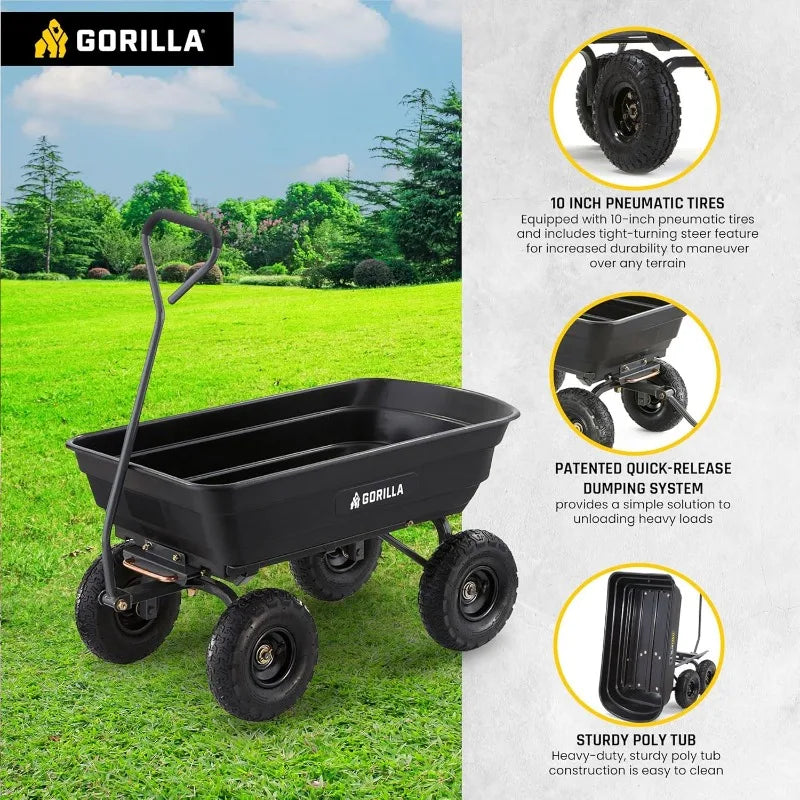 Heavy Duty Poly Utility Dump Wagon/Garden Cart w/Pneumatic Tires, 4 Cu Ft - 600 lb Capacity Wheelbarrow