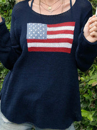 Load image into Gallery viewer, Women's Long Sleeve Knit Sweater, Crewneck, Flag Print, Loose Fitting Knitwear
