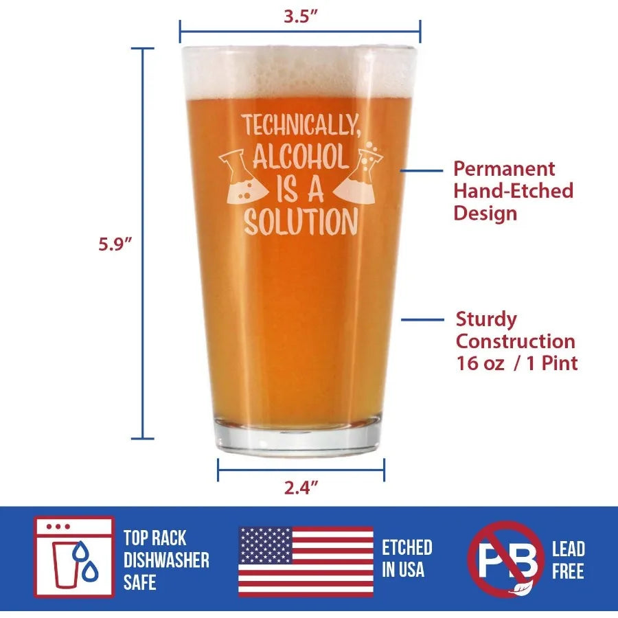 Alcohol is a Solution -16 oz Pint Glass, Ideal for Science Enthusiasts and Teachers, Funny Gift