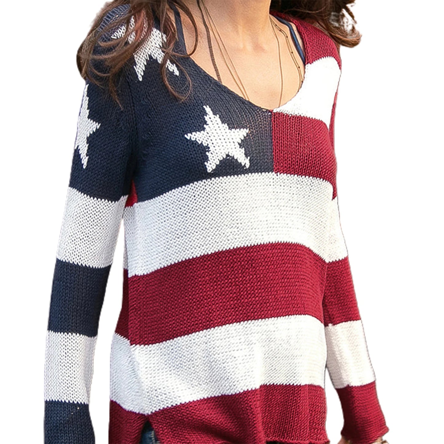 Women's 4th of July Knit Top, Flag Star Stripe Print, Long Sleeve V-Neck Slit Hem