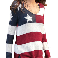 Load image into Gallery viewer, Women's 4th of July Knit Top, Flag Star Stripe Print, Long Sleeve V-Neck Slit Hem