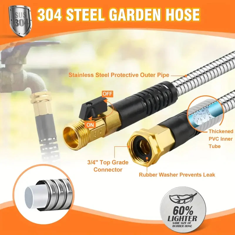 100 FT and 50 FT Stainless Steel Flexible Garden Hose, Kink-Free & No-Leak, with 10 Functions Adjustable Spray Nozzle