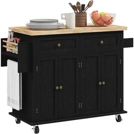 Rolling Kitchen Island with Rubberwood Top, Spice Rack, Towel Rack and Drawers for Dining Room
