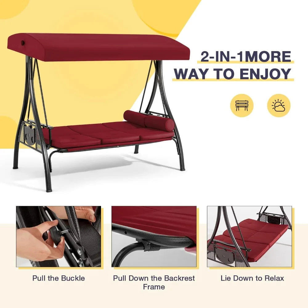 3 Person Outdoor Swing with 1.5" Deep Cup Holder, Adjustable Canopy, Backrest Can be Laid Flat to Make a Bed