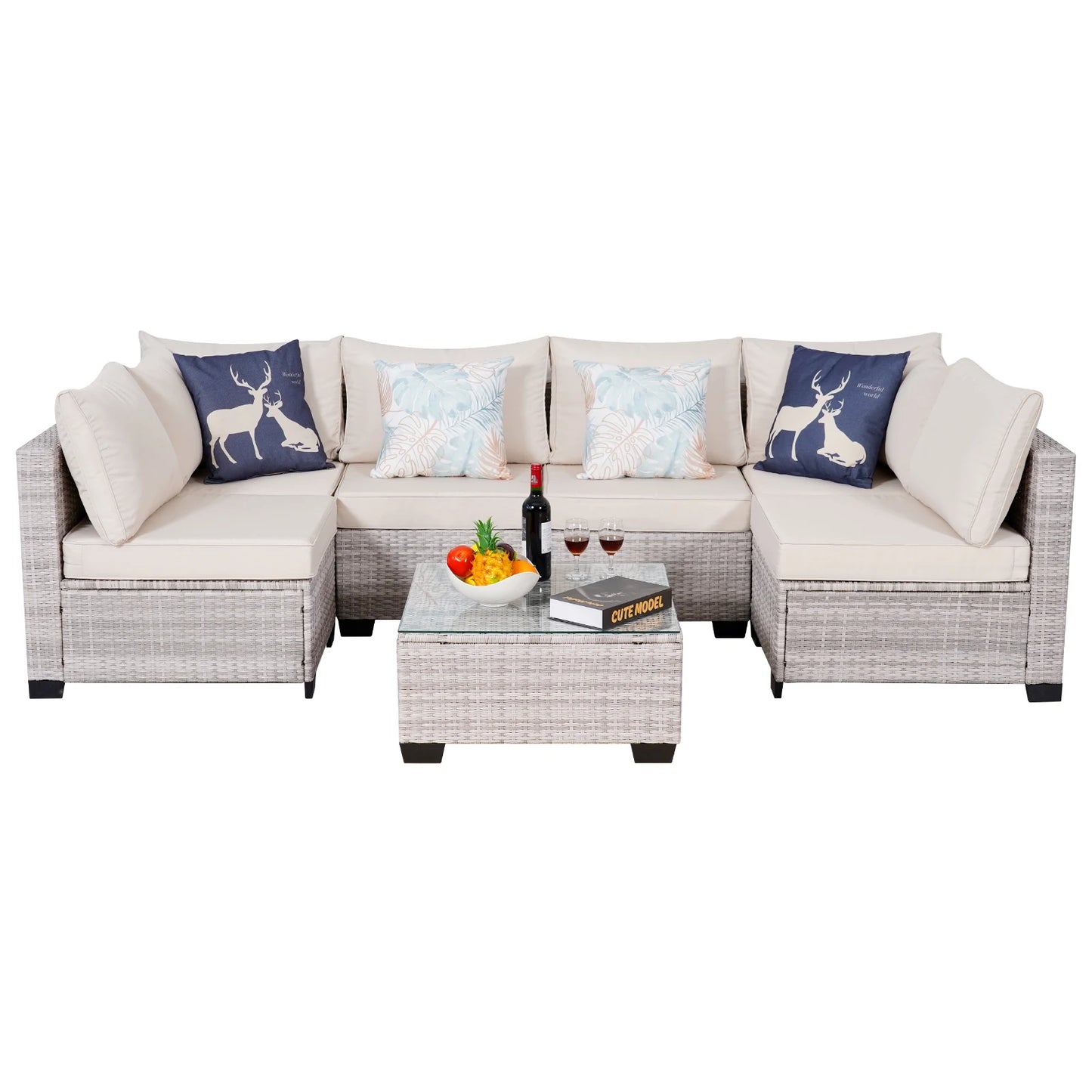 Outdoor Patio Furniture, 7 Piece Sectional Sofa, PE Rattan & Wicker with Thick Cushions