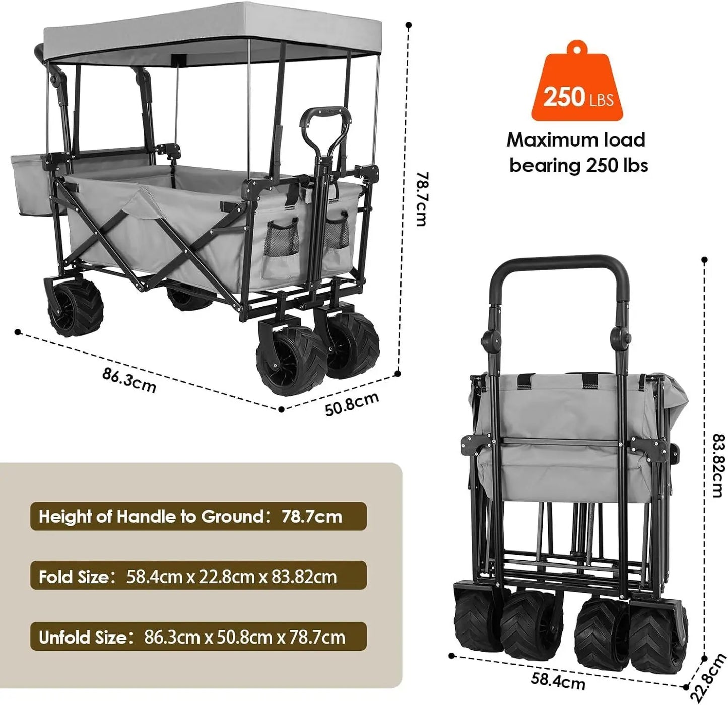 Collapsible Garden Cart Wagon with Removable Canopy, 115 kg Capacity, Push & Pull Utility Cart