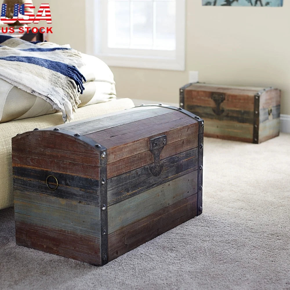 Large Weathered Wooden Storage Trunk, Nautical Style, Vintage Trunk with Hinged Lid