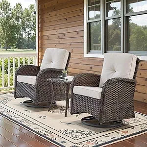 Set of 2  Patio Wicker Swivel Rockers with Rattan Side Table with Glass